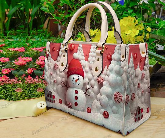 Pink Christmas Snowman Leather Handbag, Christmas Women Bags, Woman Handbag, Christmas Gifts