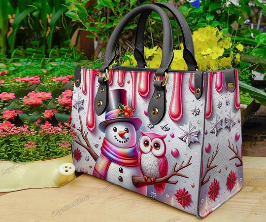 Personalized Pink Christmas Snowman Leather Handbag, Custom Leather Bag, Christmas Gifts