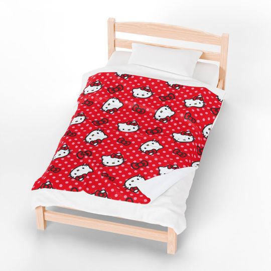Hello Kitty Fleece Blanket with Red Polka Dots and Cat Face Pattern