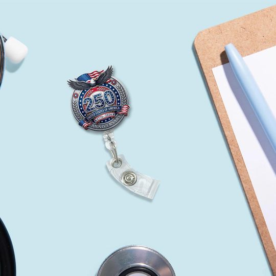 Badge Reel: Retractable ID Holder 1776-2026 Semiquincentennial, Patriotic Eagle & Wreath Design