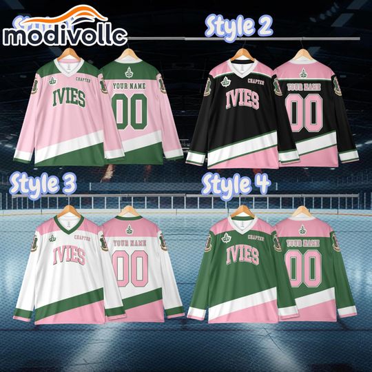 Custom Pink & Green Hockey Jersey, IVIES Sorority, Alpha Kappa Inspired