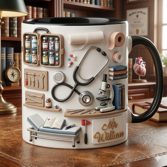 3D Embossed Medical Doctor Accent Mug, Personalized Nurse and Medical School Graduate Coffee Cup