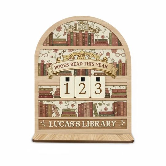 Library Personalized Vintage Floral Book Tracker, Custom Wood Reading Counter, Antique Style Library Sign, Gift for Book Lovers