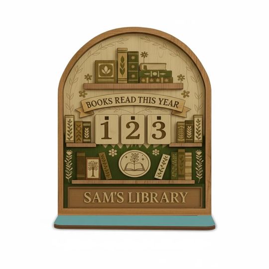 Personalized Wood Book Tracker Sign, Green Leafy Books Read This Year Counter, Minimalist Botanical Library Decor, Custom Name Reader Gift