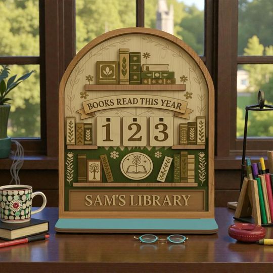 Personalized Wood Book Tracker Sign, Green Leafy Books Read This Year Counter, Minimalist Botanical Library Decor, Custom Name Reader Gift