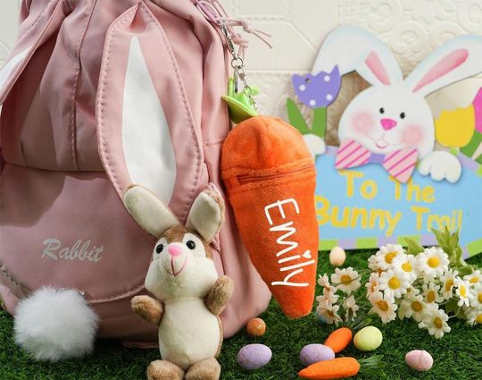 Personalized Bunny Plush Carrot Keychain, Custom Name Reversible Rabbit Toy, Cute Easter Basket Gift for Kids, Bunny Bag Charm