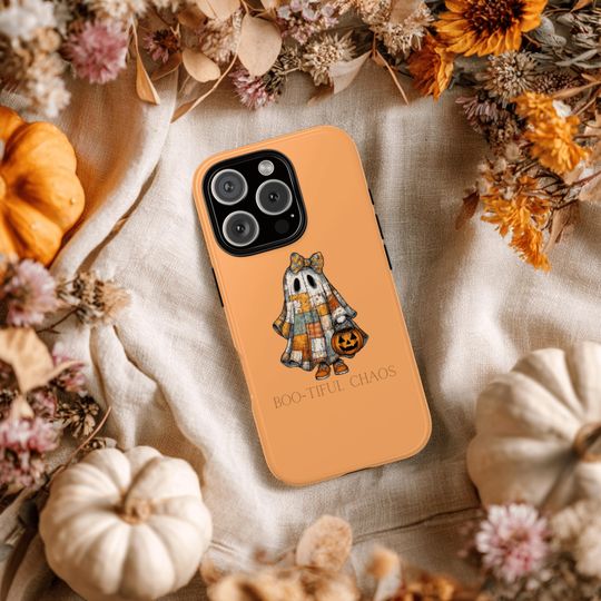 Halloween Ghost Phone Case, Orange Trick or Treat Aesthetic