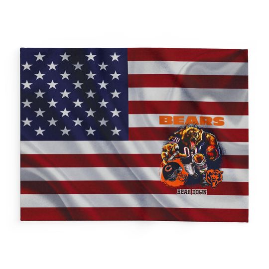 Chicago Football Team Bears Fleece Blanket, American Flag Football Blanket Gift for Fan