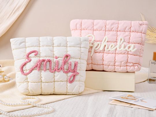 Personalized Quilted Nylon Makeup Bag, Embroidered Travel Cosmetic Bag, Bridesmaid Gift, Puffer Toiletry Bag for Her