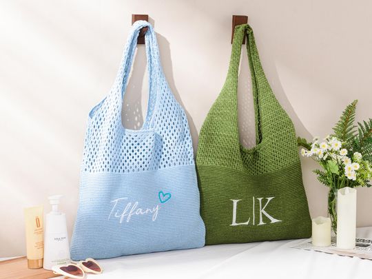 Personalized Embroidered Crochet Beach Bag,Custom Beach Tote Bag,Bachelorette party gift,Bridesmaid Gift,Girls Travel Gift,knitted Beach Bag