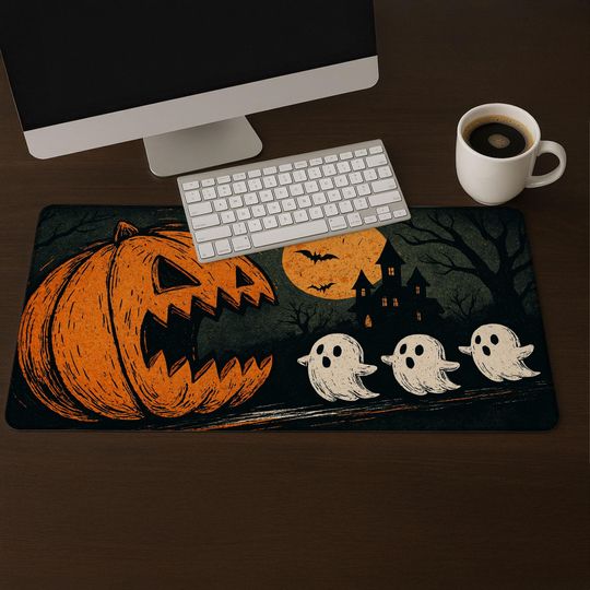 Halloween Pumpkin Ghosts Mousepad: Spooky Desk Mat, Autumn Decor