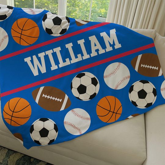 Personalized Kids Sports Blanket, Custom Blanket, Basketball Football Baseball Blanket, Gift for him, Team Gift