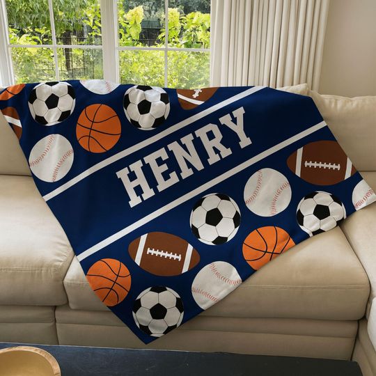 Personalized Kids Sports Blanket, Custom Blanket, Basketball Football Baseball Blanket, Gift for him, Team Gift