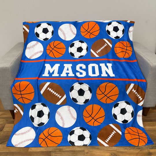 Personalized Kids Sports Blanket, Custom Blanket, Basketball Football Baseball Blanket, Gift for him, Team Gift
