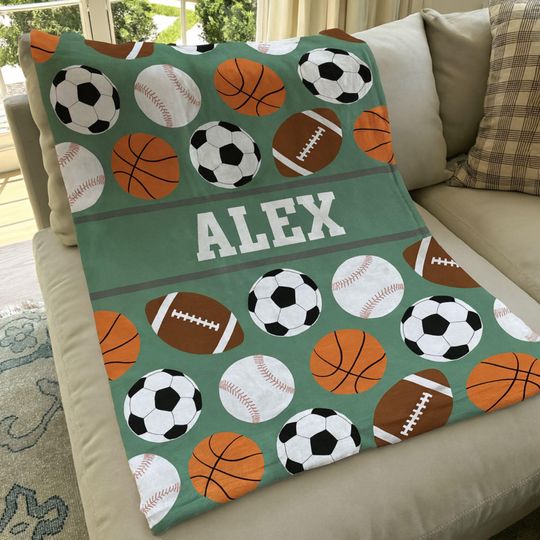 Personalized Kids Sports Blanket, Custom Blanket, Basketball Football Baseball Blanket, Gift for him, Team Gift