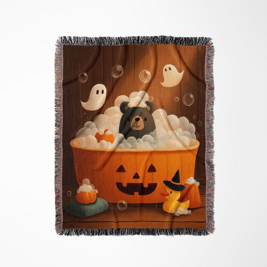 Spooky Cute Bear Woven Blanket | Jack o Lantern Bathtub Nursery Throw | Personalized Gift | Baby Blanket for Crib | Halloween Gift