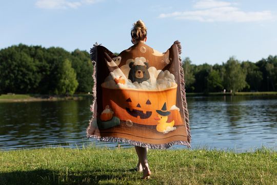 Spooky Cute Bear Woven Blanket | Jack o Lantern Bathtub Nursery Throw | Personalized Gift | Baby Blanket for Crib | Halloween Gift