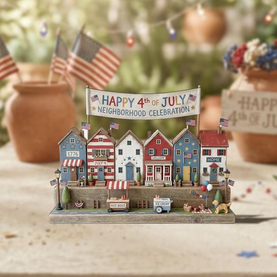Patriotic 2D FLAT Wooden Block Decor, 4th of July Village Display, Americana Home Decor, Independence Day Shelf Sign, Mini House Scene