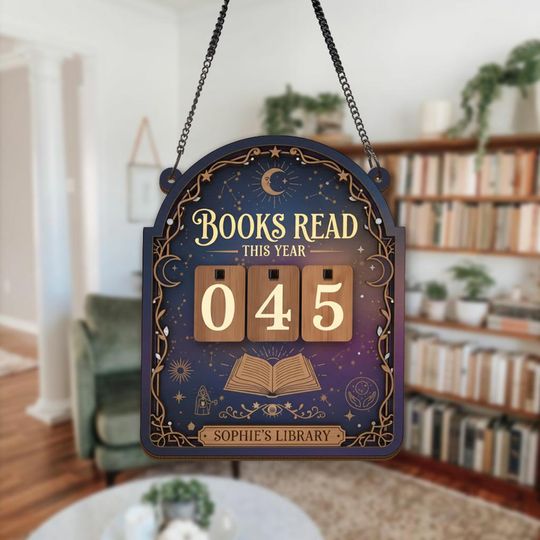 Celestial Reading Tracker Sign, Wooden Book Counter, Starry Library Decor, Personalized Reader Gift, Wall Sign