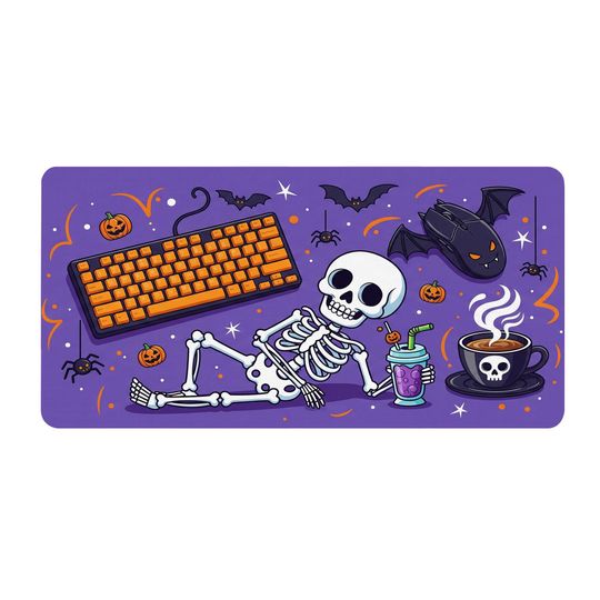 Halloween Desk Mat: Spooky Bats, Pumpkins & Coffee - Large Gaming Mouse Pad