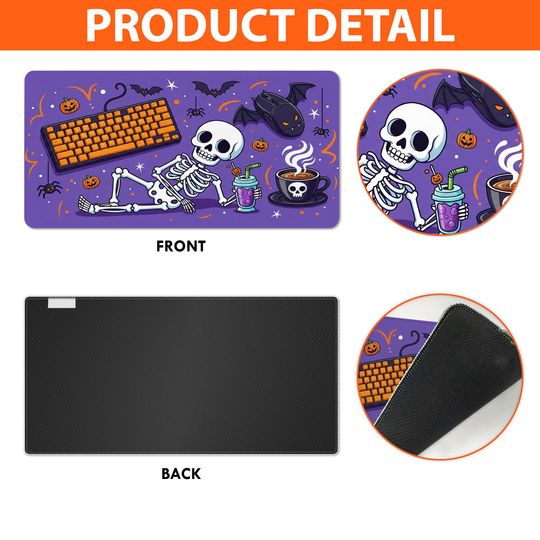 Halloween Desk Mat: Spooky Bats, Pumpkins & Coffee - Large Gaming Mouse Pad