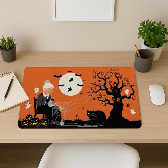 Spooky Halloween Desk Mat: Witch Cat, Pumpkin & Ghost Office Decor