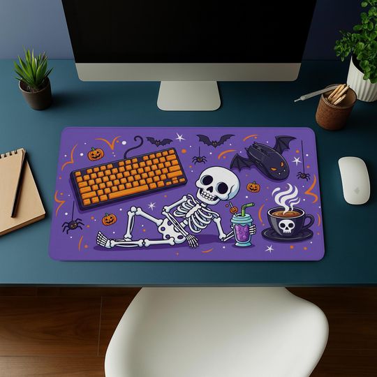 Halloween Desk Mat: Spooky Bats, Pumpkins & Coffee - Large Gaming Mouse Pad
