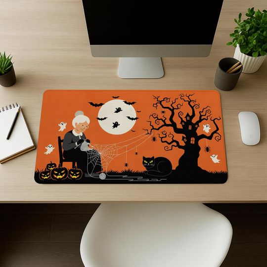 Spooky Halloween Desk Mat: Witch Cat, Pumpkin & Ghost Office Decor