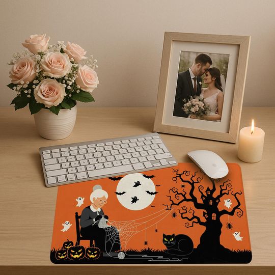 Spooky Halloween Desk Mat: Witch Cat, Pumpkin & Ghost Office Decor