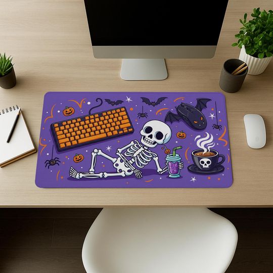 Halloween Desk Mat: Spooky Bats, Pumpkins & Coffee - Large Gaming Mouse Pad