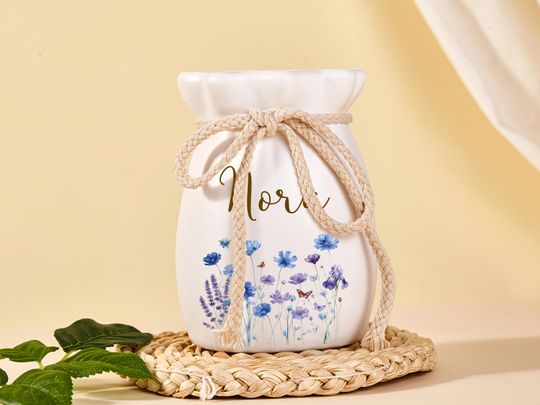 Personalized Ribbon Tie Ceramic Flower Vase, Custom Gift for Mother and Grandmother, Christmas Décor, Floral Birthday Gift, 9th Anniversary Vase