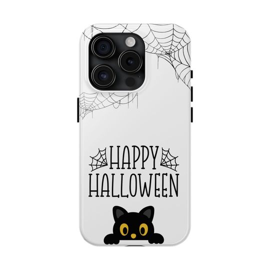 Halloween Black Cat Phone Case: Spooky Spiderweb Design
