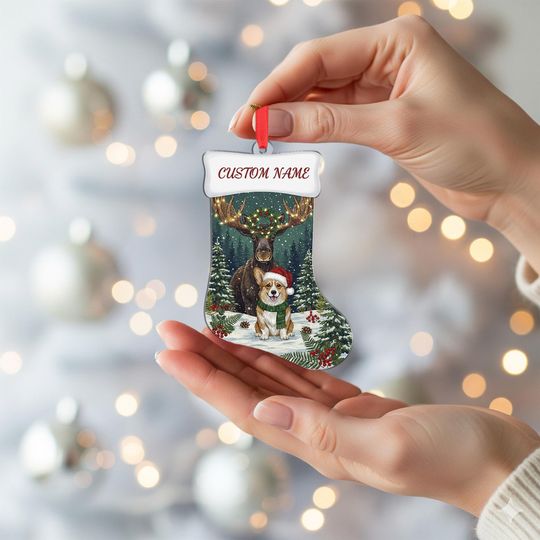 Personalized Christmas Stocking Ornament: Moose and Corgi in Snowy Forest with Custom Name
