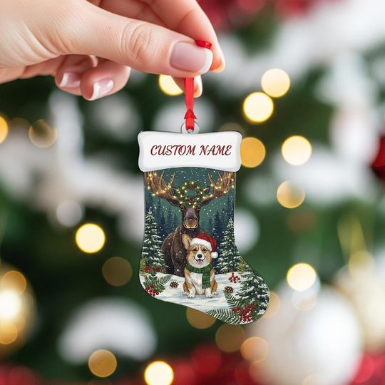 Personalized Christmas Stocking Ornament: Moose and Corgi in Snowy Forest with Custom Name