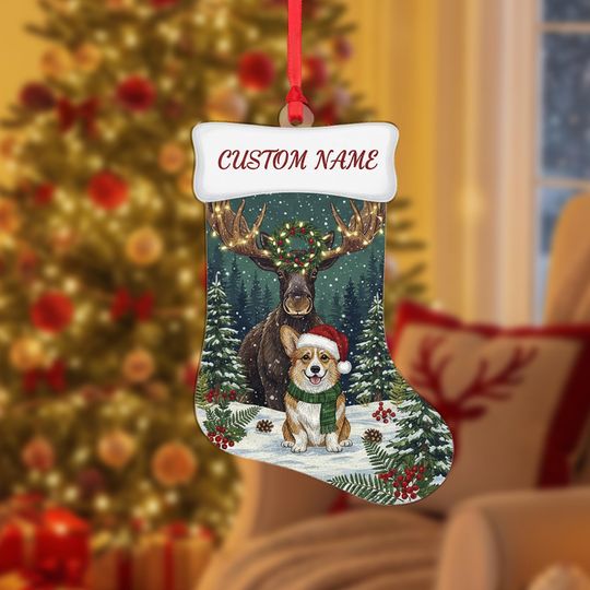 Personalized Christmas Stocking Ornament: Moose and Corgi in Snowy Forest with Custom Name