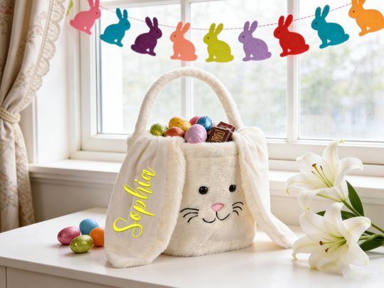 Personalized Easter Bunny Basket Embroidered Plush Easter Basket Custom Easter Egg Hunt Basket Girls Easter Bucket Easter Gift Spring Decor