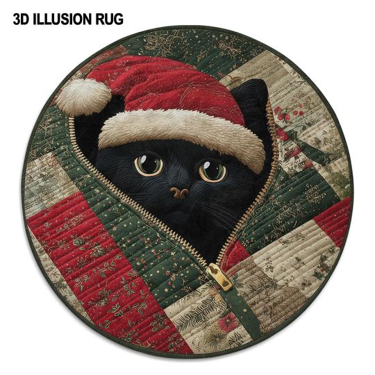 Black Cat Christmas 3D Illusion Rug, Cozy Quilt Style Round Carpet, Santa Hat Cat Rug, Festive Holiday Decor Mat, Unique Xmas Gift Idea