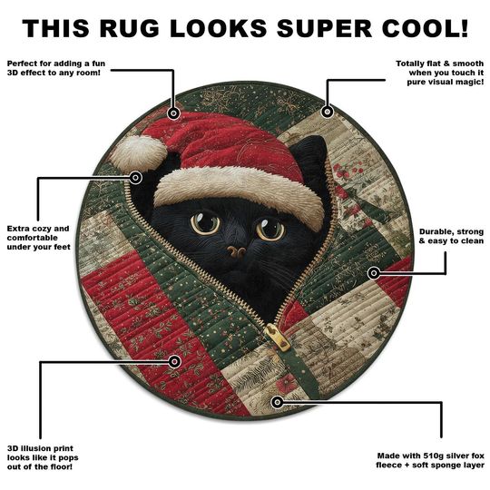 Black Cat Christmas 3D Illusion Rug, Cozy Quilt Style Round Carpet, Santa Hat Cat Rug, Festive Holiday Decor Mat, Unique Xmas Gift Idea