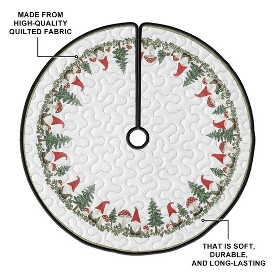 Quilted Forest Gnome Tree Skirt, Charming Mushroom and Pine Tree Pattern, Durable Fabric Rustic Christmas Holiday Home Floor Decor