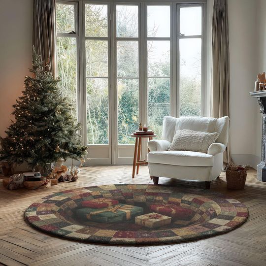 3D Illusion Christmas Gift Rug, Red Green Presents Hole Carpet, Patchwork Holiday Round Floor Mat, Quilted Style Festive Home Decor,