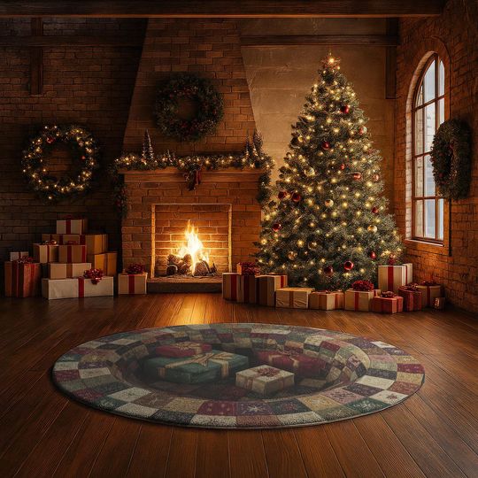 3D Illusion Christmas Gift Rug, Red Green Presents Hole Carpet, Patchwork Holiday Round Floor Mat, Quilted Style Festive Home Decor,