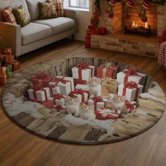Cat Gift Box 3D Illusion Rug, Cute Kitten Christmas Carpe