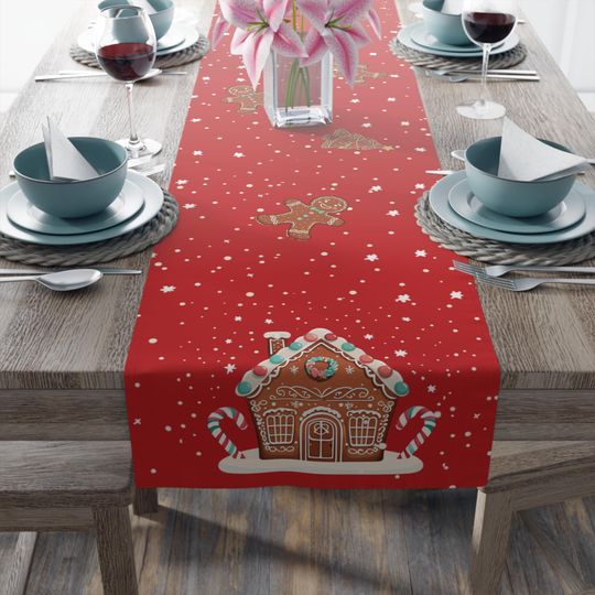 Gingerbread House Table Runner, Festive Christmas Decor