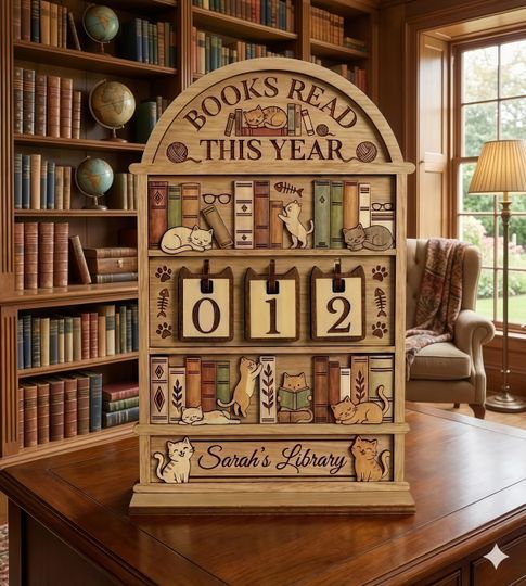 Sleeping Cat on Book Reading Book Tracker  Personalized Wooden Book Counter Shelf for Cozy Library Decor