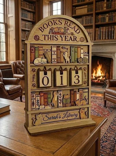 Sleeping Cat on Book Reading Book Tracker  Personalized Wooden Book Counter Shelf for Cozy Library Decor