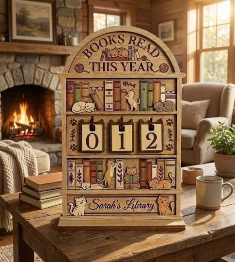 Sleeping Cat on Book Reading Book Tracker  Personalized Wooden Book Counter Shelf for Cozy Library Decor