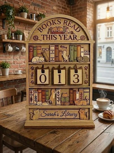 Sleeping Cat on Book Reading Book Tracker  Personalized Wooden Book Counter Shelf for Cozy Library Decor
