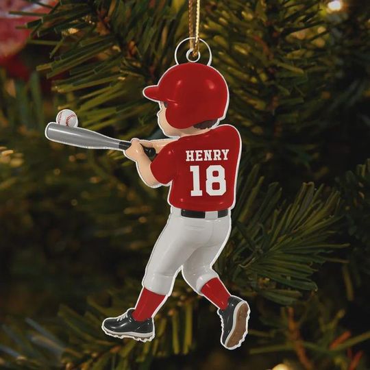 Personalized Baseball Player Ornament, Kid Hitting Ball, 2D Flat Christmas Acrylic Ornament