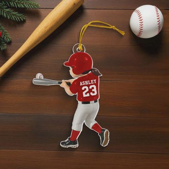 Personalized Baseball Player Ornament, Kid Hitting Ball, 2D Flat Christmas Acrylic Ornament