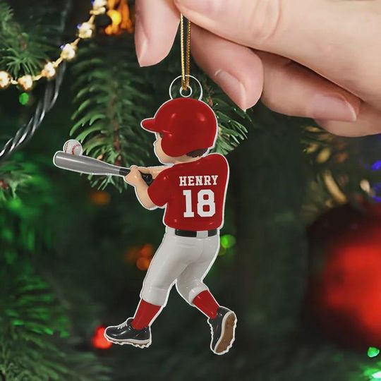 Personalized Baseball Player Ornament, Kid Hitting Ball, 2D Flat Christmas Acrylic Ornament